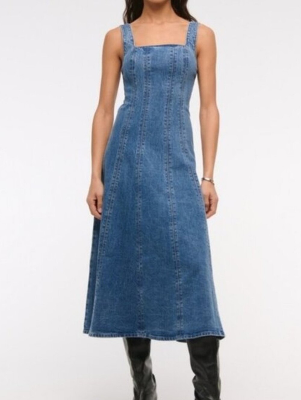 Abercrombie & Fitch Denim Midi Maxi Dress XL Square Neck Sleeveless Blue